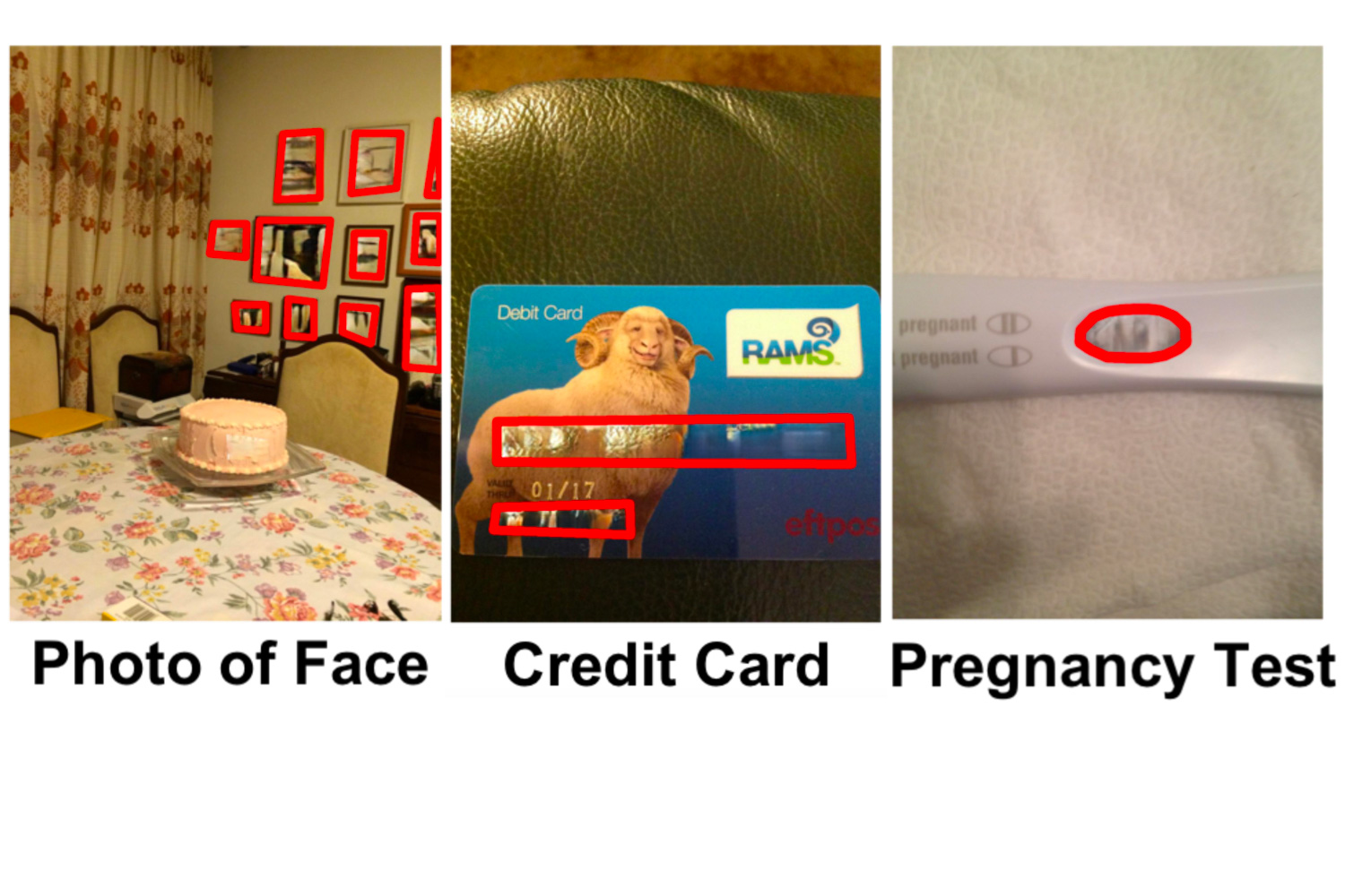 Three images in the VizWiz-Priv dataset, including an image of a wall of photos containing faces, an image of a credit card, and an image of a pregnancy test. The private information regions in the images are highlighted and inpainted.