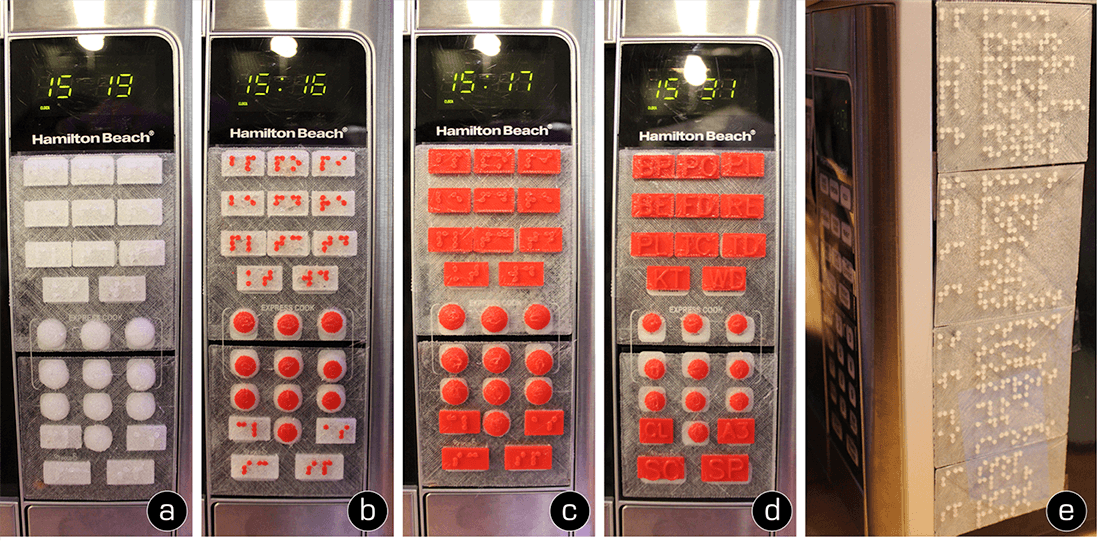 Example printed overlays and legends generated by Facade. (a)-(d) demonstrate the different material combinations we tested in the design iterations (NinjaFlex with Braille, Flex+PLA Braille label, Flex+PLA Braille cover, and Flex+PLA embossed letter cover). Facade users can choose to print a legend for the abbreviations (e).