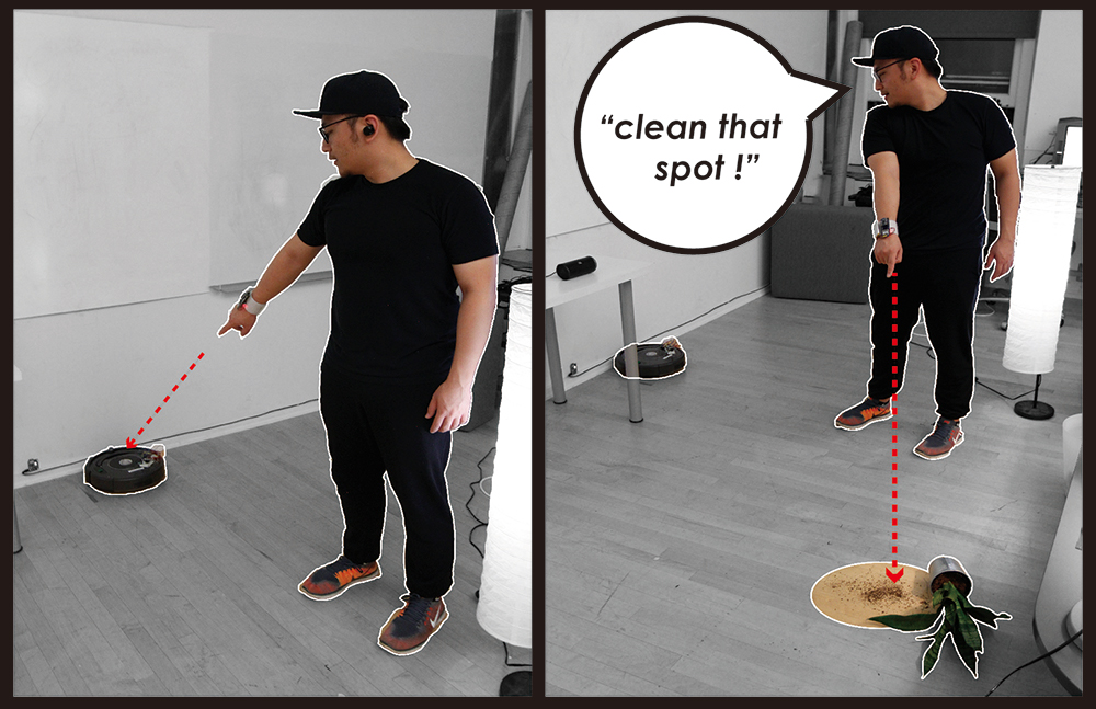 Interaction scenario of Minuet: after returning home, the user points at the Roomba and then the dirty area to ask Roomba to clean it up.