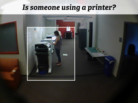 An example question sensor created in Zensors++ asking 'Is someone using a printer?' with a bounding box focusing on the printer area.
